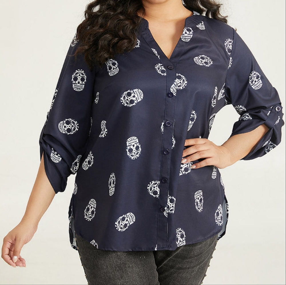 Plus Size BloomChic Navy Sugar Skull Print Shirt